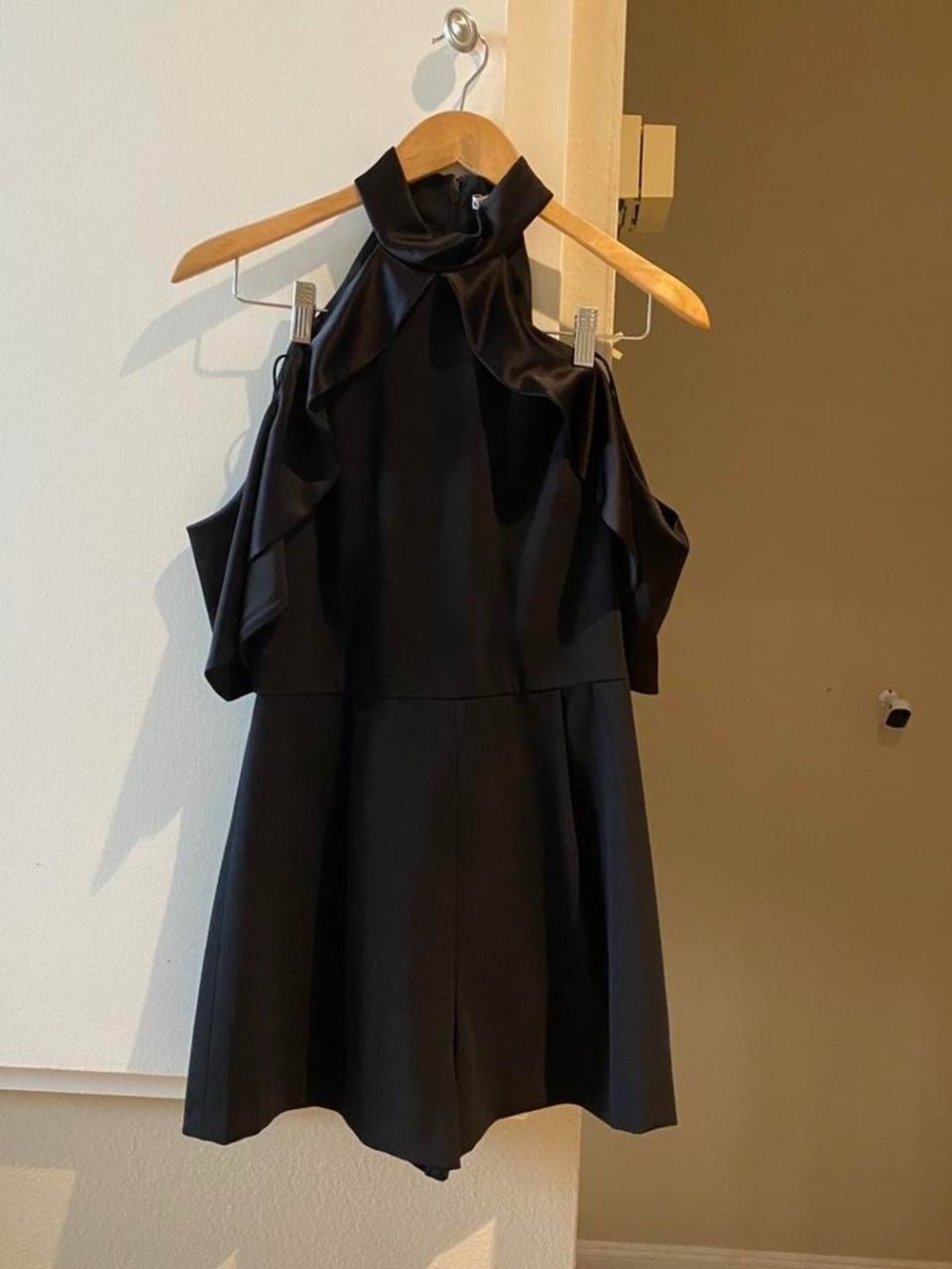 Alice + Olivia Black Cold-Shoulder romper with ruffle details, size 8